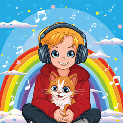 Sticker - Boy holding pet sitting on the floor listening to music with headset