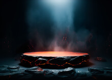 Table Top Stone Or Stand Product Display With Fire Flames In Dark Abstract Background.generative Ai Images