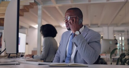 Aufkleber - Computer, phone call and business with black man talking in office for communication or chat. Tech, contact and african male employee with a smartphone for networking or marketing with a smile
