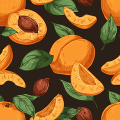Poster - Apricots and leaves, seamless pattern. Summer fruits, food, repeating print in vintage style. Exotic vitamins, endless background texture design. Hand-drawn vector illustration for textile, wrapping