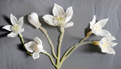 Some delicate white Pinellia ternata flowers in slow bloom, colorless light relief, sculptural texture, carved on slate, obverse, flat view, soft light, light relief styl,AI generatede