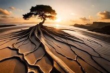 Overgrown Isolated Tree Roots On The Beach With Amazing Sunset