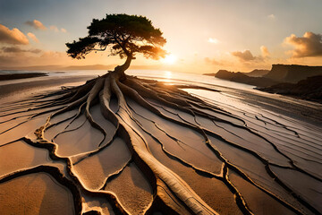 Overgrown isolated tree roots on the beach with amazing sunset