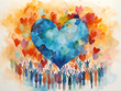 Group of multicultural people with arms and hands raised towards a hand painted blue heart. Charity donation, volunteer work, support and assistance, multiethnic community. Peace on earth.