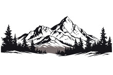Black And White Mountain Range Wall Art, Symbolic Landscapes Stencil Art Outdoor Scenes Vector Illustration