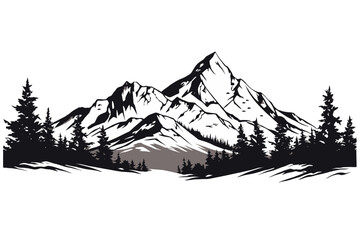 black and white mountain range wall art, symbolic landscapes stencil art outdoor scenes vector illus