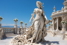 Holy Goddess Of Love Antique Monumental Statue, A Beautiful Woman, White Marble, Cinematic, Blue Sky Background. AI Generative