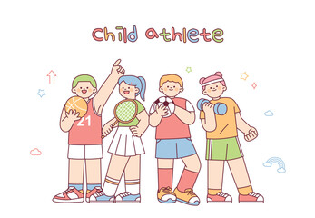Poster - Cute athlete character. Basketball player, tennis player, soccer player, exercise. outline simple vector illustration.