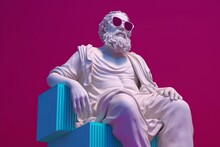 A White Statue Of Plato In A Cool Pose, Wearing Magenta And Cyan 3D Glasses, Ready To Party. AI Generative