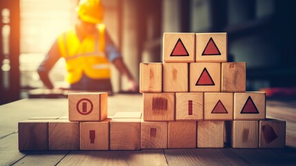 Work safety concept Safety at the workplace and compliance on wooden cube blocks Working standard process Zero accidents Using for safety awareness banner. AI Generative