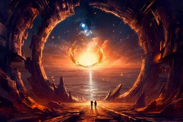 Portal to another world. Futuristic cosmic landscape with circle tunnel in starry sky. Gate in space futuristic background with galaxy and nebula. Created with Generative AI.