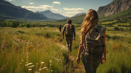 Back view woman and man with backpack hiking in summer nature. Generative Ai