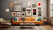canvas print picture - modern creative living room interior design backdrop ideas concept house beautiful background elevation of sofa with decorative photo paint frame full wall background,ai generate