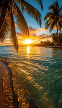 Beautiful Tropical Beach And Sea With Coconut Palm Tree At Sunset Time - Holiday Vacation Concept Created With Generative AI Technology.
