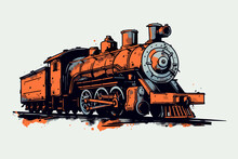 Doodle Inspired Rusting Locomotive, Cartoon Sticker, Sketch, Vector, Illustration