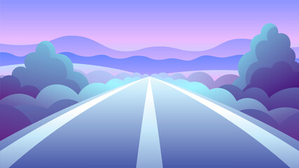 Cartoon straight road view on pink sunset background.