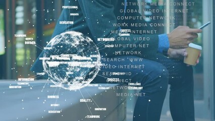 Poster - Animation of data processing and globe over caucasian businessman using smartphone