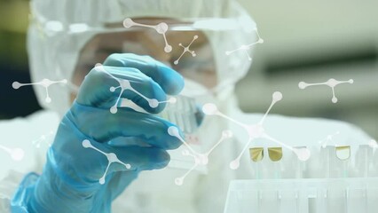 Poster - Animation of molecules and data processing over female caucasian scientist with test tubes