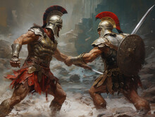 Fight Of Two Roman Soldiers. Digital Art. Generative AI.