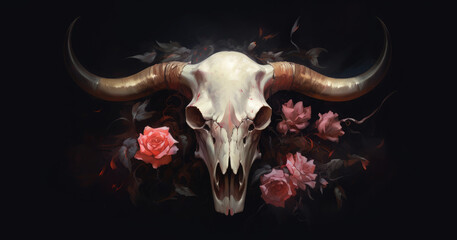 Skull of a bull and a rose. on black background. Digital art. Generative AI.