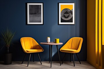A minimalist yellow chair and table set against a plain background beckons viewers to explore the potential of interior design and art. Minimal home interior design idea. Scandinavian minimal decor
