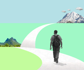 Contemporary art collage of man follows a path. Concept of travel, mental health and long road ahead. Modern design. Copy space.

