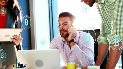 Poster - Animation of bitcoin icons, diverse coworkers sharing ideas and using cellphone and digital tablet