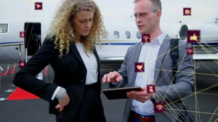 Poster - Animation of connected icons forming globe, diverse coworkers discussing reports against airplane