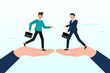 © Art of Ngu - Confident businessmen standing on big hands about to shaking hand for success business agreement, business partnership, negotiation to make agreement or business deal concept (Vector)