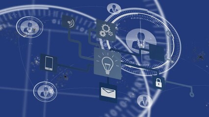 Poster - Animation of computer application icons flowchart over profile icons against blue background