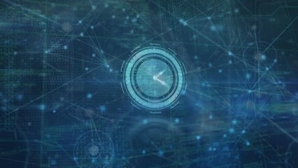 Poster - Animation of digital clock over illuminated connected dots against abstract background