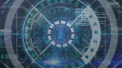 Poster - Animation of arrows in circles over binary codes and computer language against abstract background