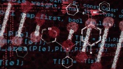Poster - Animation of computer language over molecule structures and dna helix against black background
