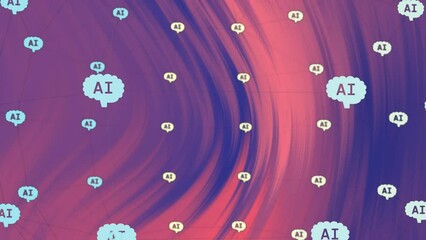Poster - Animation of ai text in brain icons over wave pattern against blue background