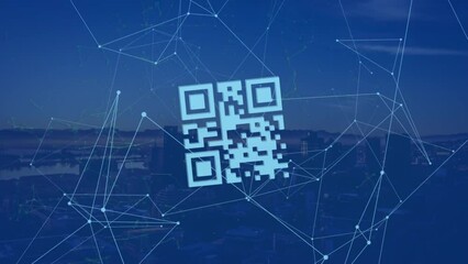 Poster - Animation of qr code over connected dots over aerial view of silhouette of modern cityscape