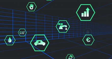 Poster - Animation of multiple digital icons floating over tunnel in seamless pattern on black background