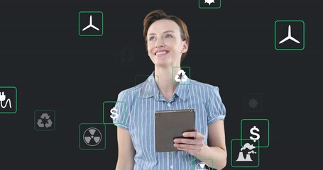 Poster - Animation of multiple digital icons floating over suprised caucasian woman using digital tablet