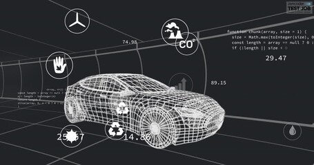 Poster - Animation of multiple digital icons over 3d car model moving in seamless pattern in a tunnel