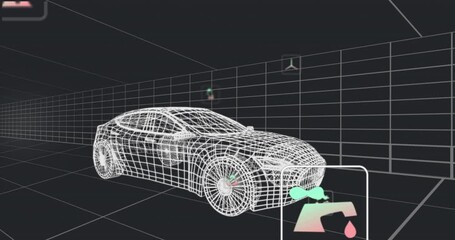 Poster - Animation of multiple digital icons over 3d car model moving in seamless pattern in a tunnel