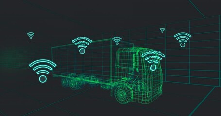 Poster - Animation of multiple wifi icons over 3d van model moving in seamless pattern in a tunnel