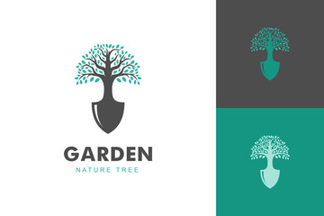 Wall Mural - shovel and tree leaf spade nature green logo icon design illustration for garden, gardening logo symbol