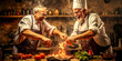 Vibrant chefs in passionate teamwork, engrossed in culinary prowess amidst a rustic kitchen backdrop. Generative AI