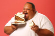 Humorous and lively shot of a charming overweight gentleman enjoying cake against a sleek, plain studio backdrop. Perfectly captures the essence of indulgence. Generative AI