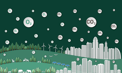 Cities that emit carbon dioxide and forests that emit oxygen. Environmentally friendly ecosystem. BCG concept for sustainable economic development.