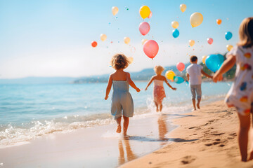 niños corriendo por la arena de la playa con globos de colores. concepto de diversión infancia y lib