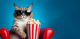 Banner with Cat watching 3D movie with popcorn sitting in red armchair.