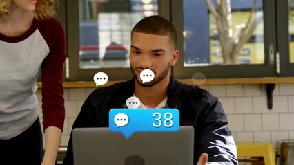 Poster - Animation of changing numbers and message icons over diverse coworkers discussing reports on laptop