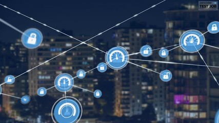 Poster - Animation of connected icons over illuminated modern buildings against night sky