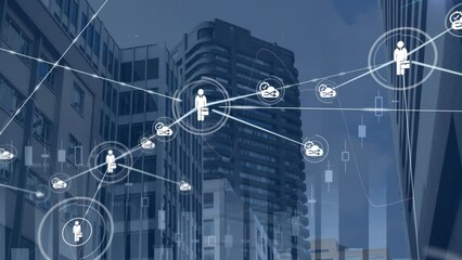 Poster - Animation of connected icons and graphs over low angle view of buildings against cloudy sky