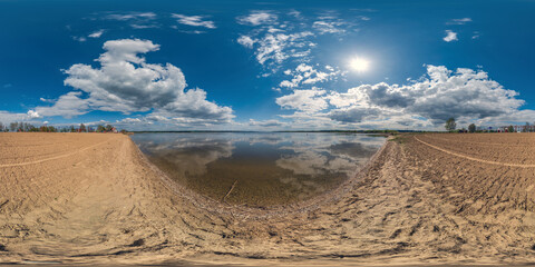 Wall Mural - seamless spherical hdri panorama 360 degrees angle view on sand beach of huge lake or river in sunny summer day with beautiful clouds in equirectangular projection, VR content